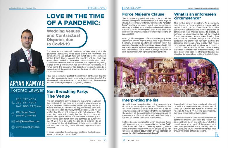 Love in the Time of Corona: Wedding Venues and Contractual Disputes due to Covid-19 best iranian litigation lawyer in toronto
