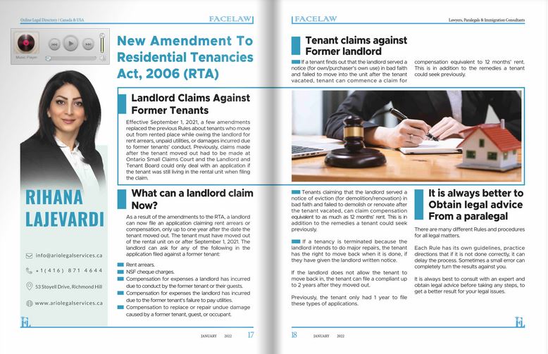 New Amendment To Residential Tenancies Act, 2006 (RTA) real estate paralegal in toronto